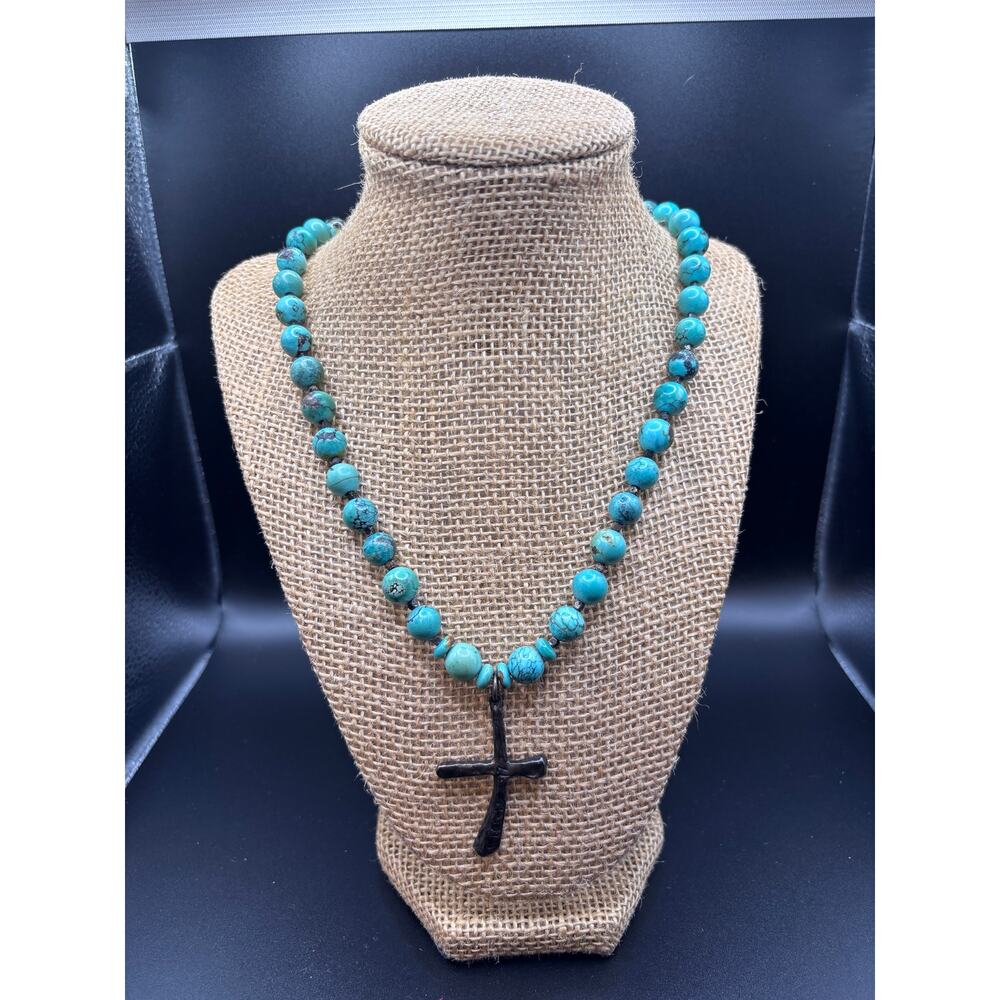 Chris 77 Sterling Silver Turquoise Beaded Necklace Cross